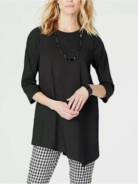 J. Jill Black Asymmetrical Hem Tunic Top Small 3/4 Sleeve Minimalist Quiet Luxe